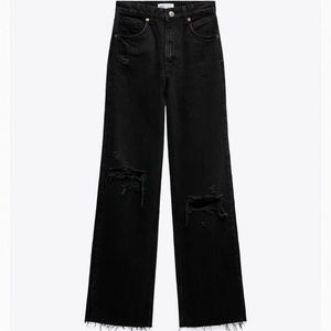 Zara TRF Wide Leg Ripped Black Jeans